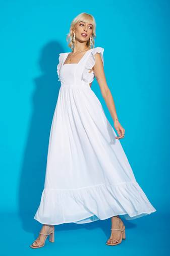 White Square Neck Frill Hem Maxi Dress