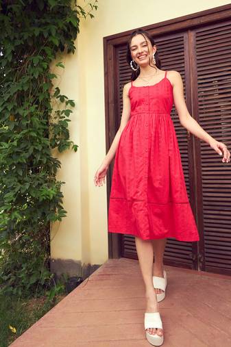 Red Schiffli Strappy Midi Dress