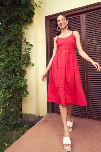 Red Schiffli Strappy Midi Dress