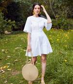 White Schiffli Flared Sleeves Short Dress