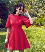 Red Schiffli Flared Sleeves Short Dress