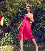 Fuchsia Strappy Pleated Midi Dress