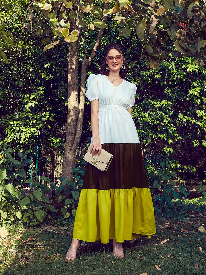 Green White Color Block Tiered Maxi Dress SASSAFRAS 4385517