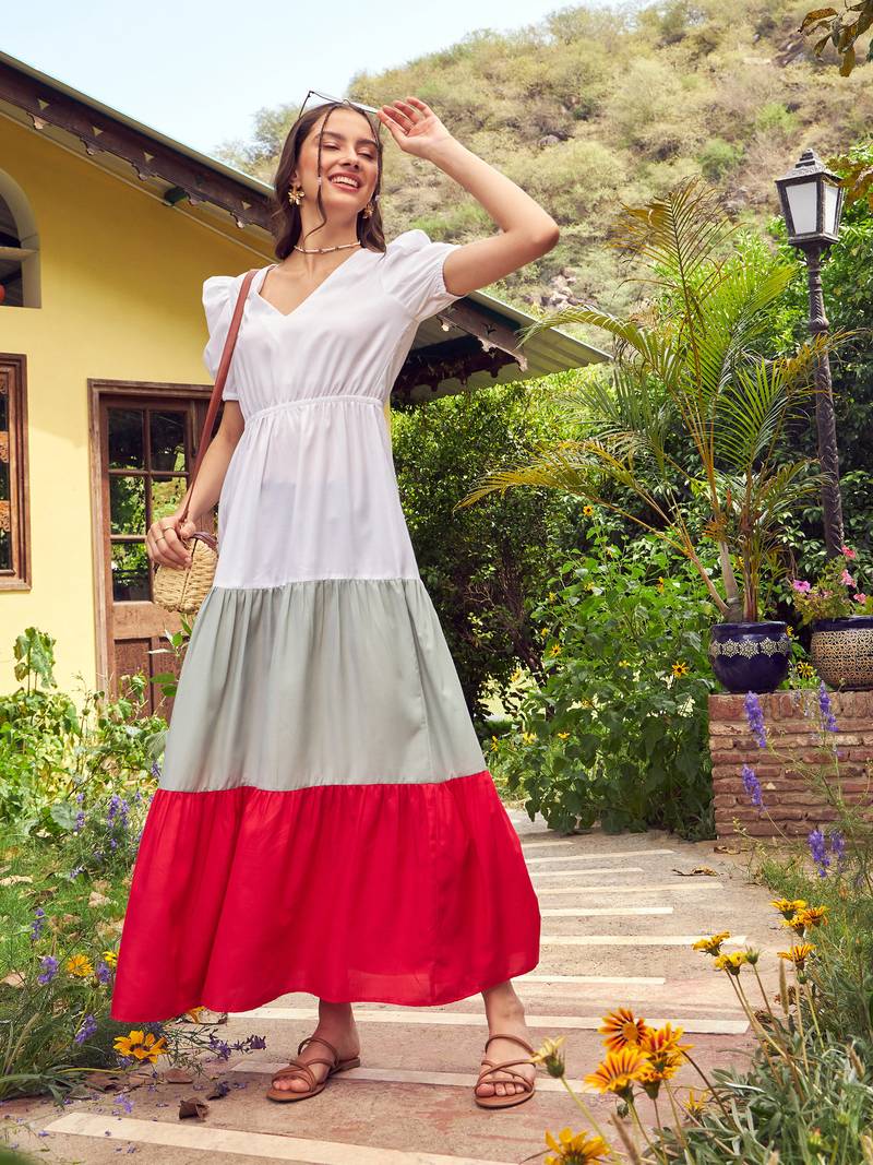 Red White Color Block Tiered Maxi Dress SASSAFRAS 4385518