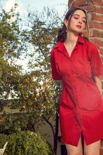 Red Poplin Shirt Dress