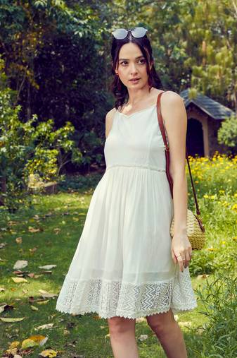 White Embroidered Short Skater Dress