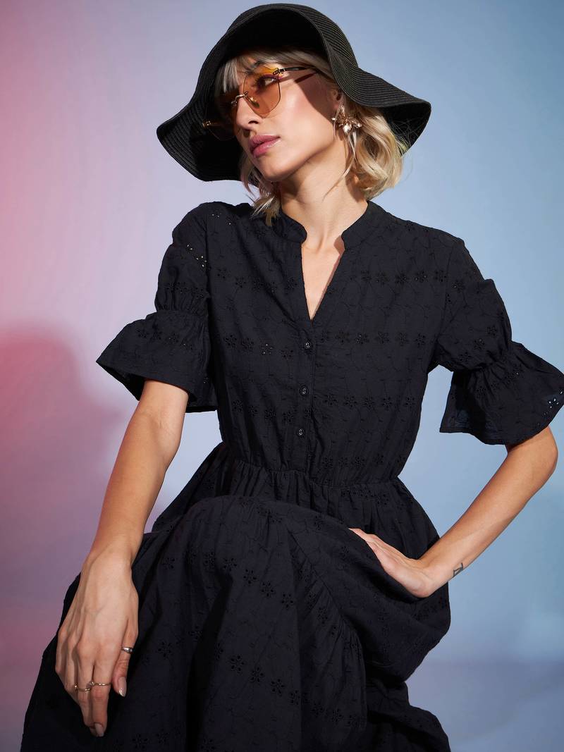 Black Schiffli Tiered Midi Dress