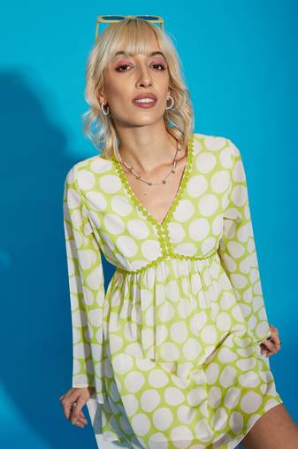 Green Polka Dot Flared Sleeve Skater Dress