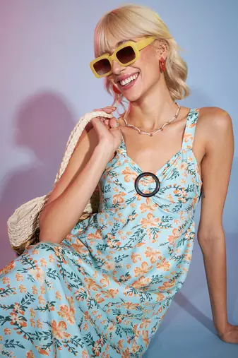 Green Floral Strappy Sweetheart Neck Maxi Dress