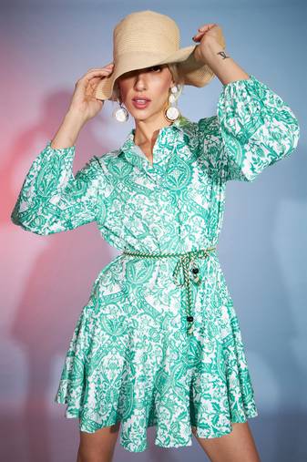 Green Floral Flared Skater Dress