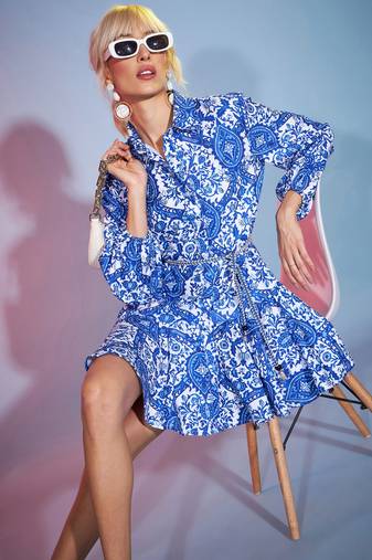 Blue Floral Flared Skater Dress