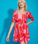 Pink Abstract Print Puff Sleeves Mini Dress