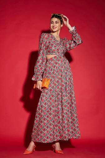 Red Ethnic Motif Waist Cut-Out Maxi Dress