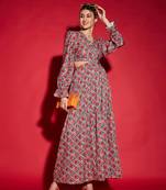 Red Ethnic Motif Waist Cut-Out Maxi Dress
