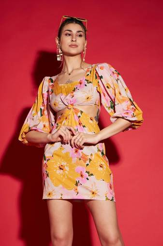 Yellow Floral Side Cut Out Mini Dress