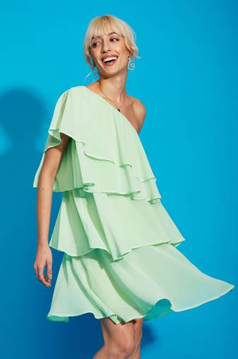 Pista Green One Shoulder Layered Short Dress