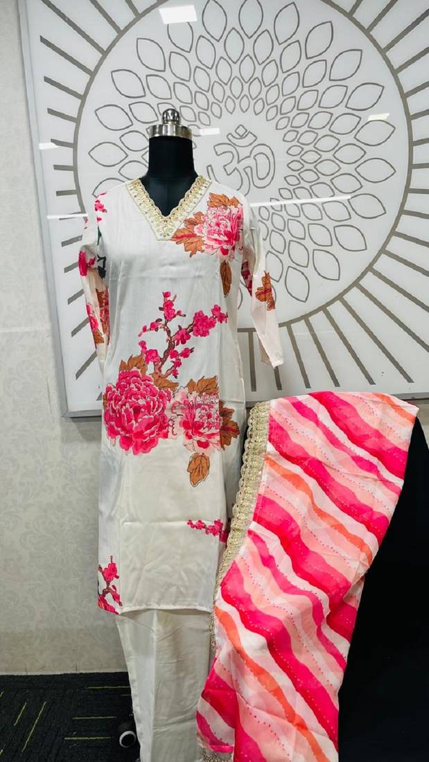 Muslin Fabric Printed and Embroidered work Straight cut Kurta Pant and Dupatta Set