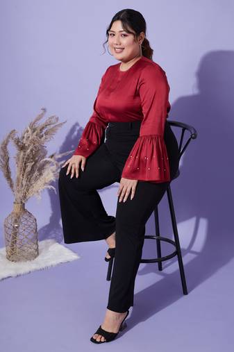 Red Satin Bell Sleeves Frill Hem Top