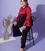 Red Satin Bell Sleeves Frill Hem Top