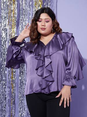 Purple Satin Cascading Ruffle Blouse 2