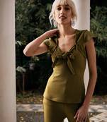 Olive V-Neck Tie-Knot Cap Sleeves Top