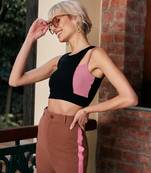 Black Rib Colorblock Shoulder Crop Top