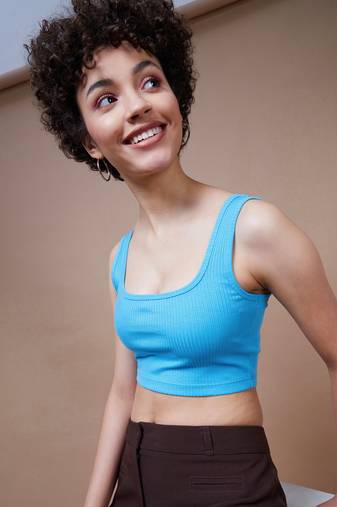 Turquoise Rib Square Neck Cropped Tank Top