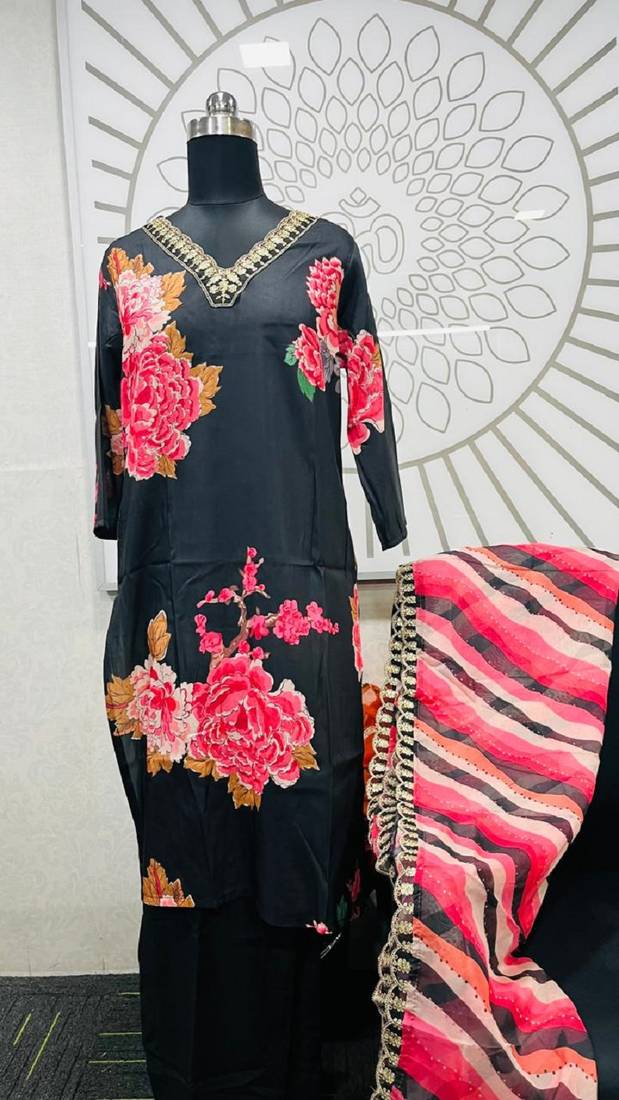 Black Muslin Fabric Printed and Embroidered work Straight cut Kurta Pant and Dupatta Set