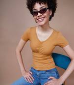 Brown Rib V-Neck Ruched Top