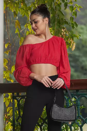 Red Chiffon Lurex One Shoulder Crop Top
