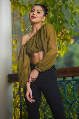 Olive Chiffon Lurex One Shoulder Crop Top