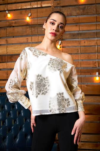 White Jacquard One Shoulder Top