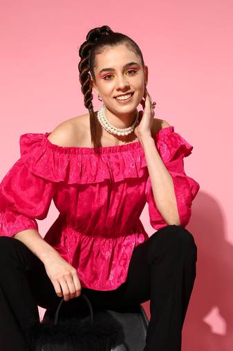 Magenta Jacquard Off Shoulder Frilly Peplum Top