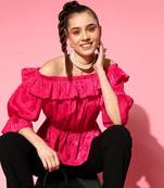 Magenta Jacquard Off Shoulder Frilly Peplum Top