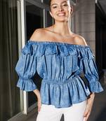 Blue Jacquard Off Shoulder Frilly Peplum Top