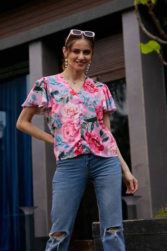 Rose Floral Front Open Regular Top