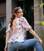 White Floral Back Criss Cross Peplum Top