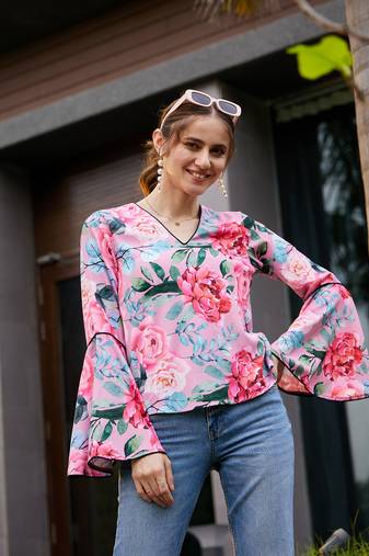 Rose Floral Bell Sleeves Regular Top