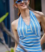 Blue & White Striped Halter Neck Rib Crop Top