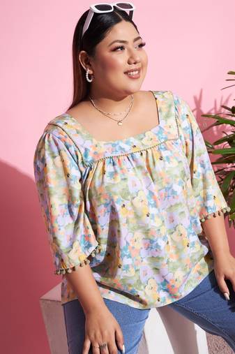 Green Floral Square Neck Top