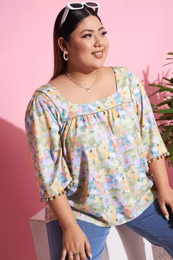 Green Floral Square Neck Top