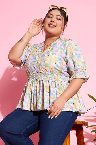 Green Floral Smocked Sleeve Peplum Top