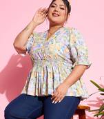 Green Floral Smocked Sleeve Peplum Top