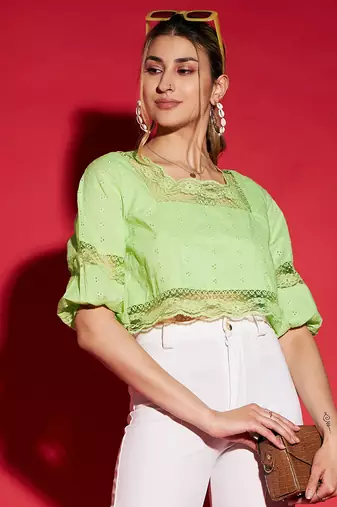 Lime Green Schiffli Square Neck Crop Top