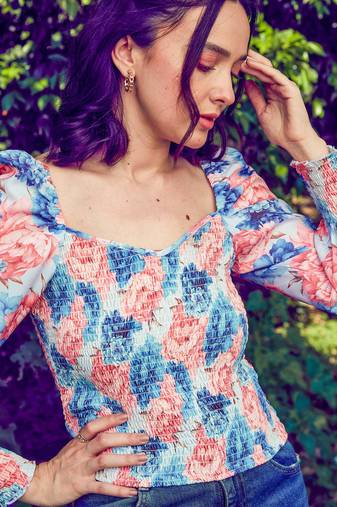 Blue Floral Smoked Top