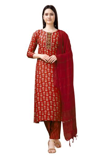 Maroon Rayon Print Embroidered Kurta Set