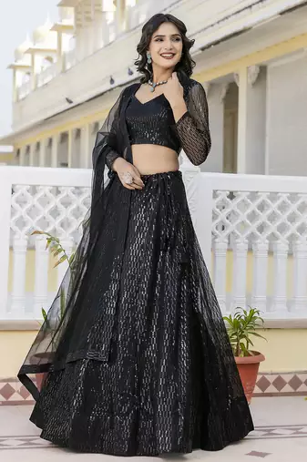 Trendmalls Georgette Sequins Work Embroidery Semi-Stitched Lehenga Choli with Dupatta For Women