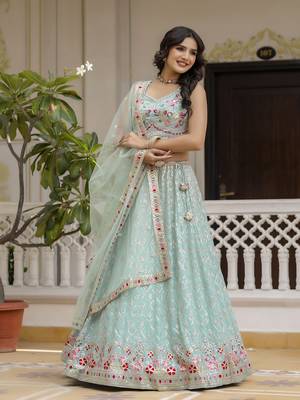 Trendmalls Mint Green Georgette Sequins Work Lehenga 7