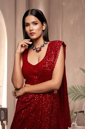 Trendmalls Red Georgette Sequins Heavy Embroidery Work Saree
