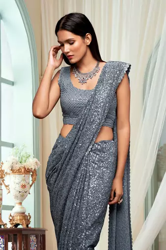 Trendmalls Grey Georgette Sequins Work Party Wear Saree With Blouse Piece